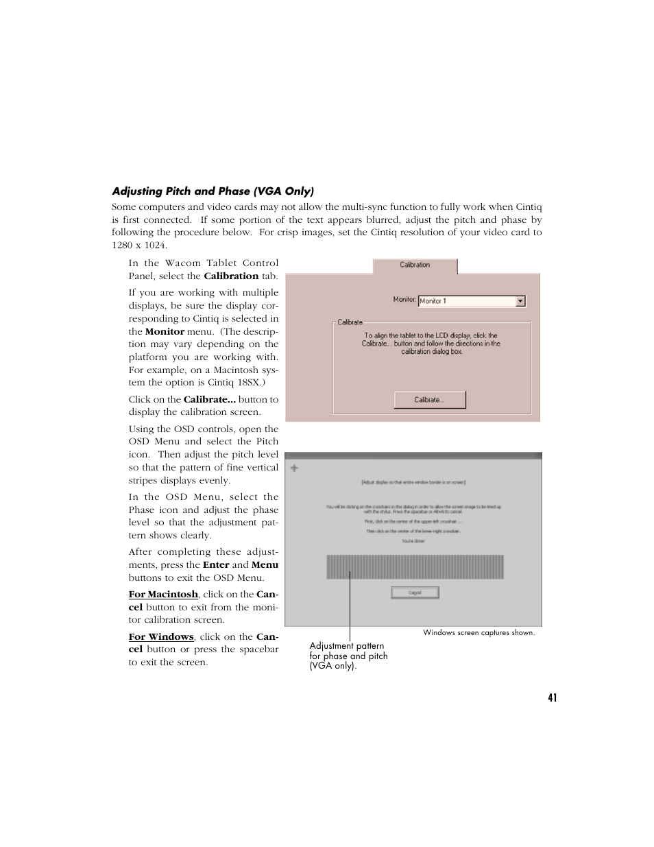 Adjusting pitch and phase (vga only) | Wacom Cintiq 18SX User Manual | Page 43 / 62