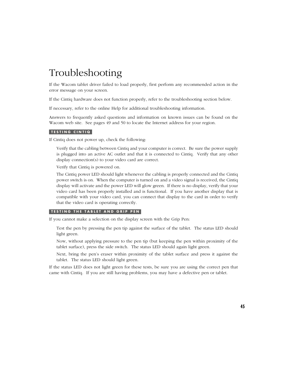 Troubleshooting, Testing cintiq, Testing the tablet and grip pen | Wacom Cintiq 18SX User Manual | Page 47 / 62