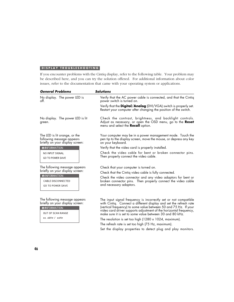 Display troubleshooting | Wacom Cintiq 18SX User Manual | Page 48 / 62