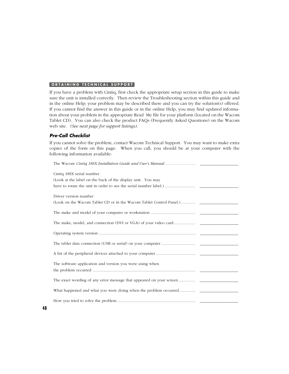 Obtaining technical support, Pre-call checklist | Wacom Cintiq 18SX User Manual | Page 50 / 62