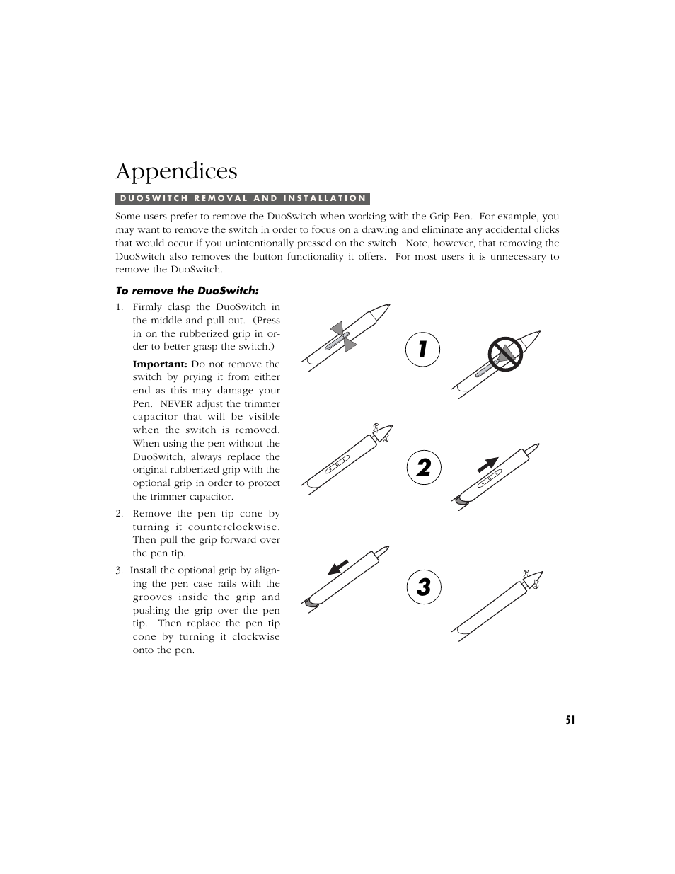 Appendices, Duoswitch removal and installation | Wacom Cintiq 18SX User Manual | Page 53 / 62