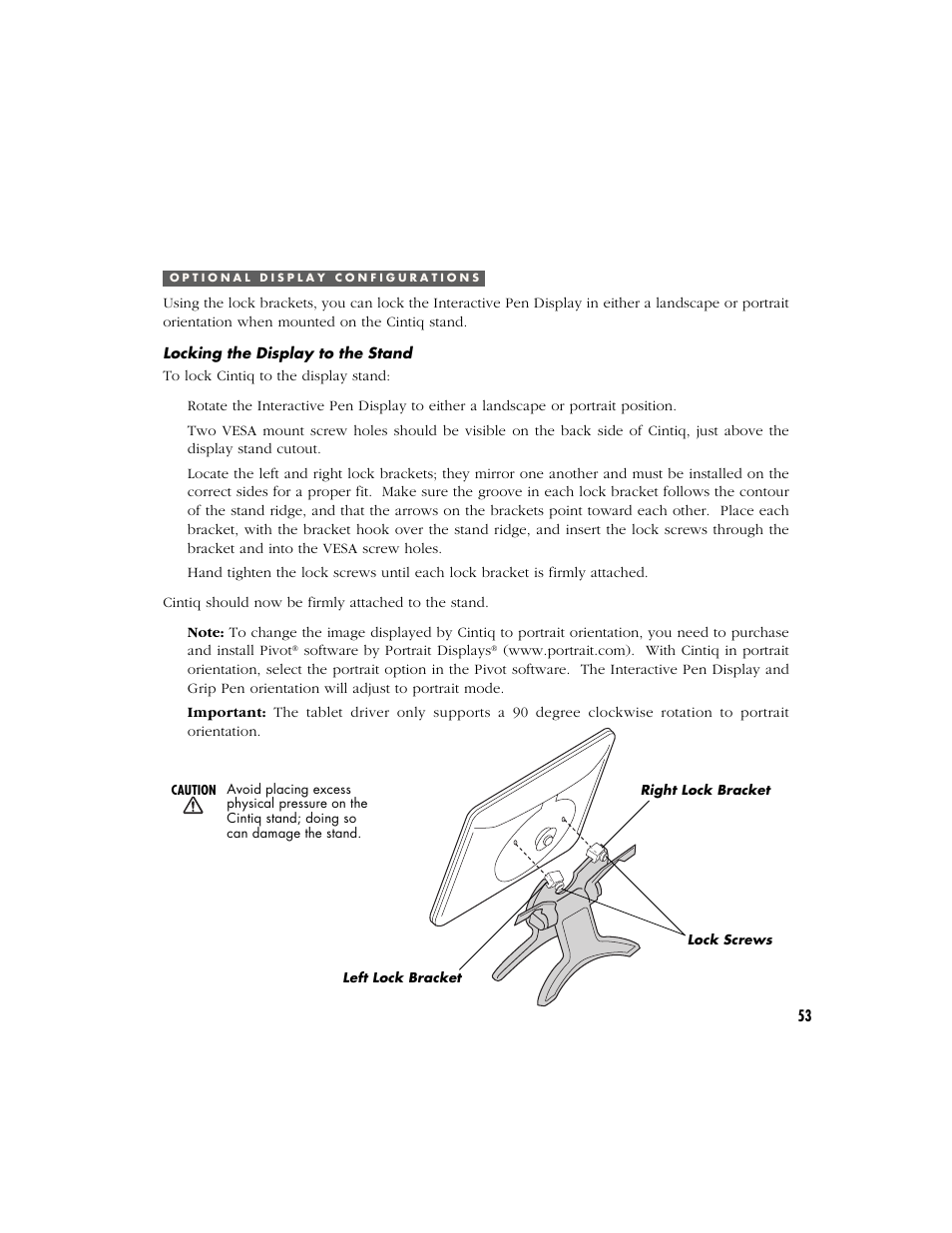 Optional display configuratiions, Locking the display to the stand, Optional display configurations | Wacom Cintiq 18SX User Manual | Page 55 / 62