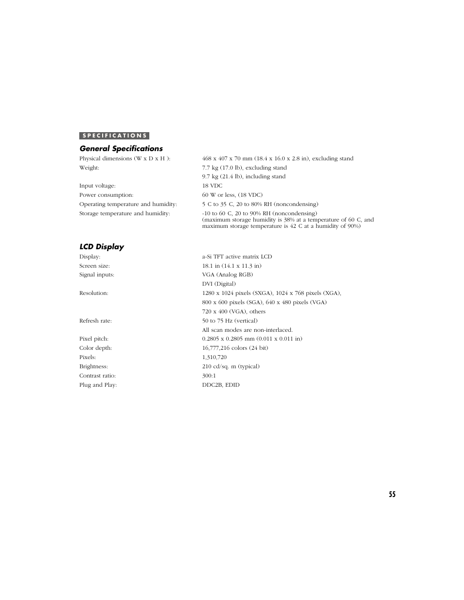 Specifications, General specifications, Lcd display | Wacom Cintiq 18SX User Manual | Page 57 / 62