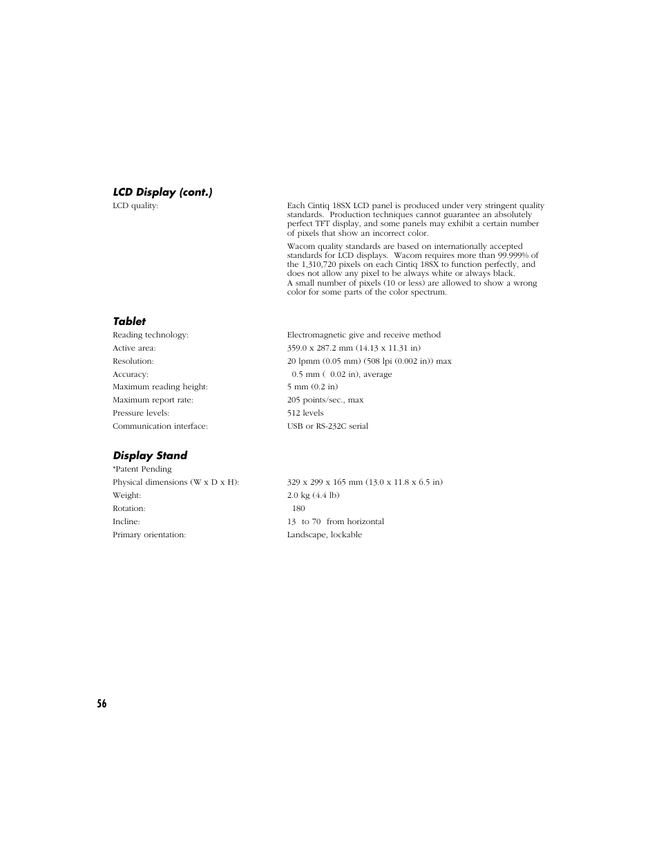 Tablet, Display stand | Wacom Cintiq 18SX User Manual | Page 58 / 62