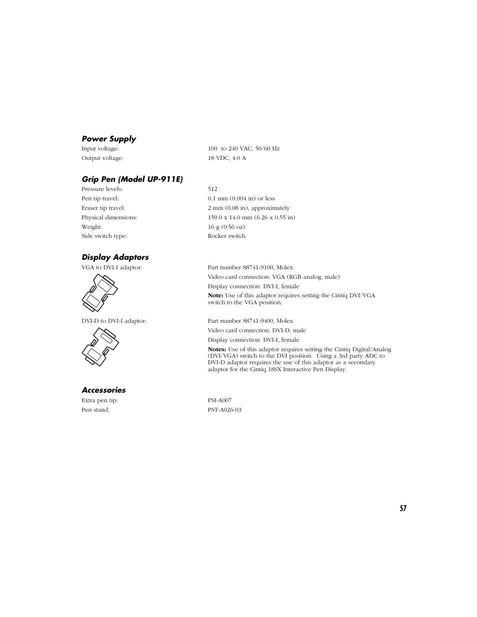 Power supply, Grip pen (model up-911e), Display adaptors | Accessories | Wacom Cintiq 18SX User Manual | Page 59 / 62