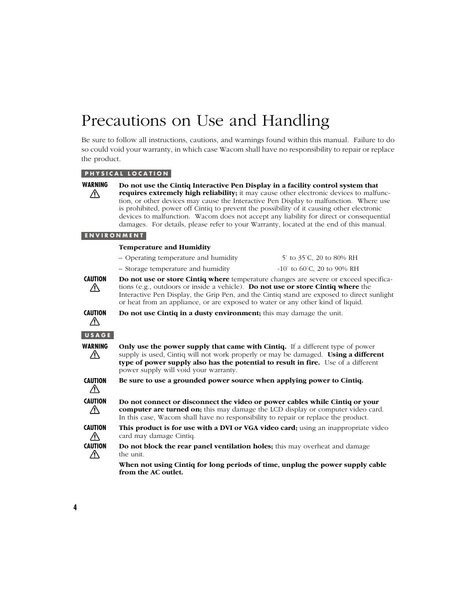 Precautions on use and handling, Physical location, Environment | Usage | Wacom Cintiq 18SX User Manual | Page 6 / 62