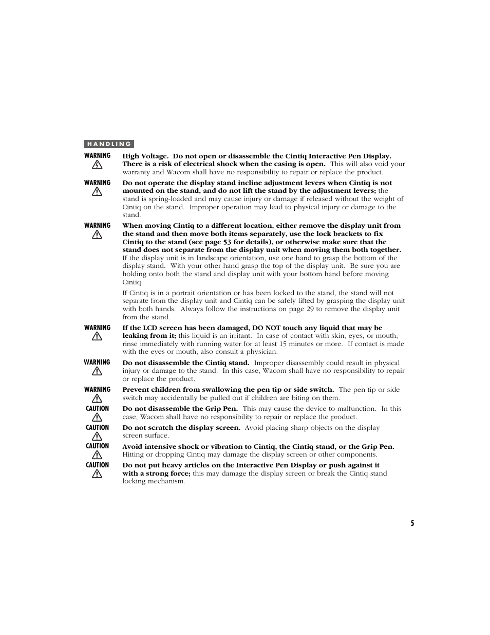 Handling | Wacom Cintiq 18SX User Manual | Page 7 / 62