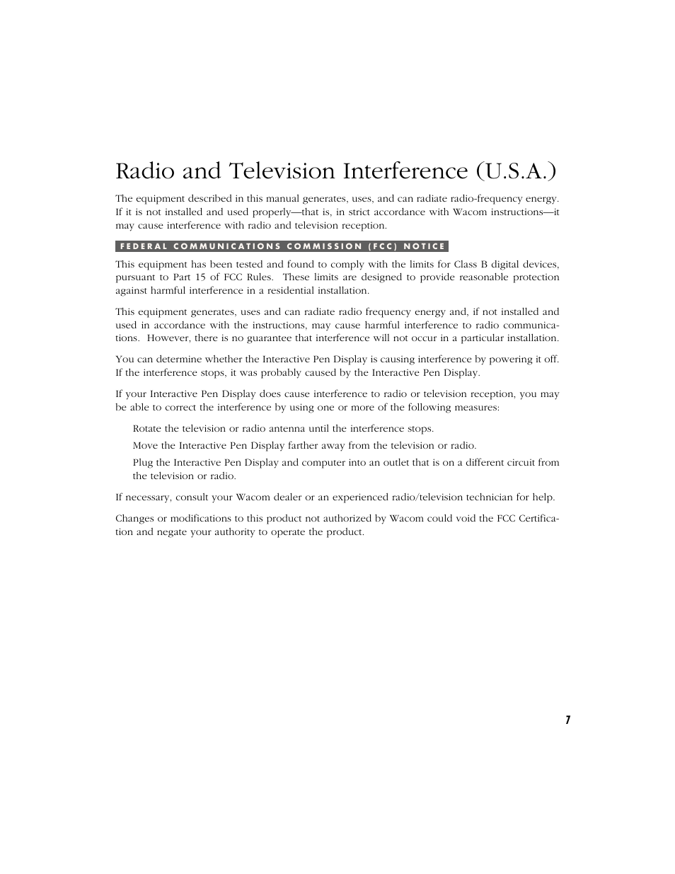 Radio and television interference (u.s.a.) | Wacom Cintiq 18SX User Manual | Page 9 / 62