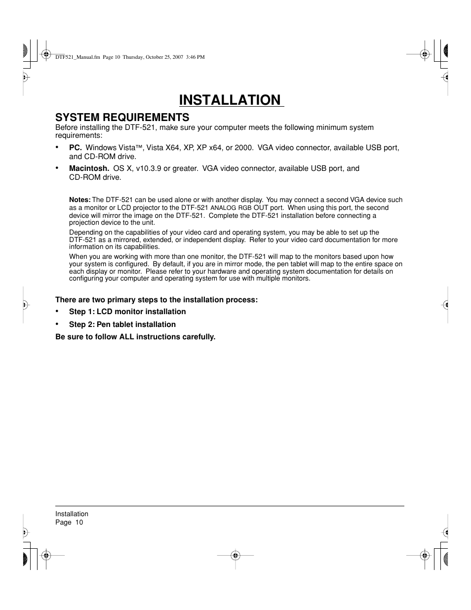 Installation, System requirements | Wacom DTF-521 User Manual | Page 12 / 60