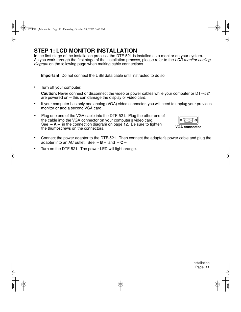 Step 1: lcd monitor installation | Wacom DTF-521 User Manual | Page 13 / 60