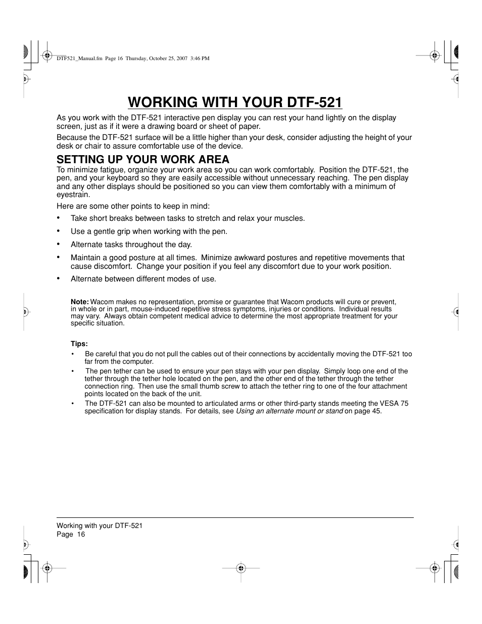Working with your dtf-521, Setting up your work area | Wacom DTF-521 User Manual | Page 18 / 60