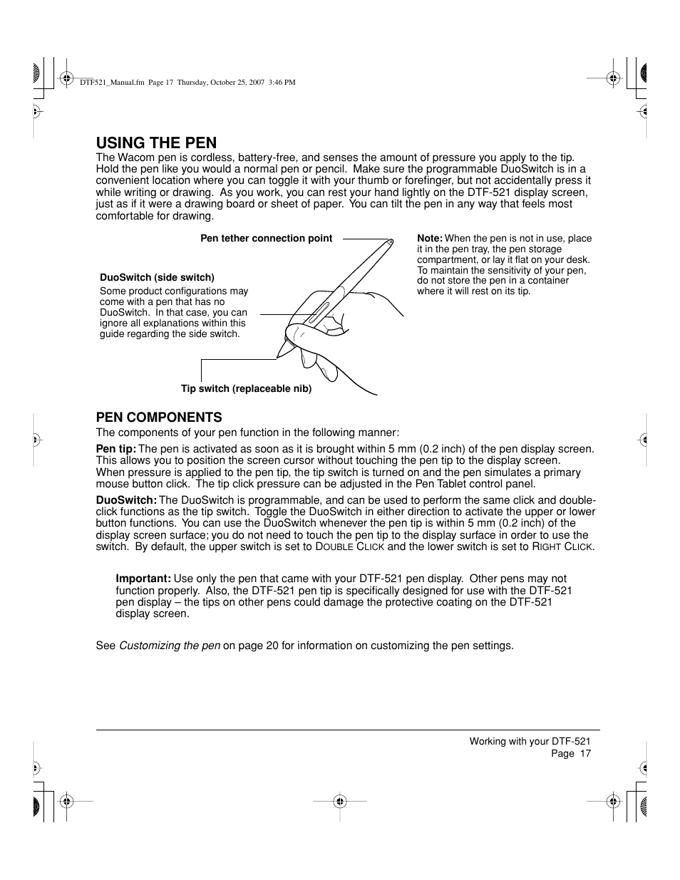 Using the pen, Pen components | Wacom DTF-521 User Manual | Page 19 / 60