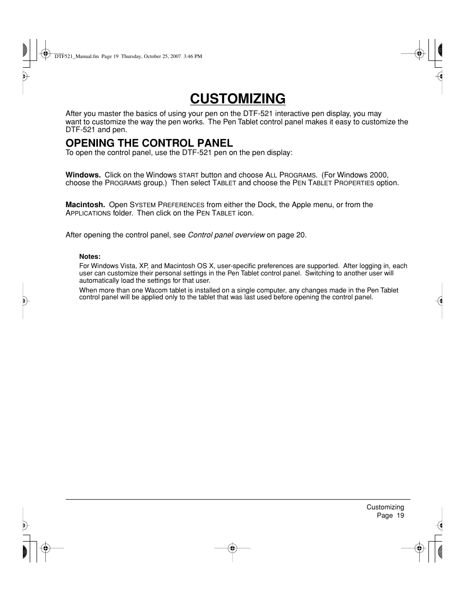 Customizing, Opening the control panel | Wacom DTF-521 User Manual | Page 21 / 60