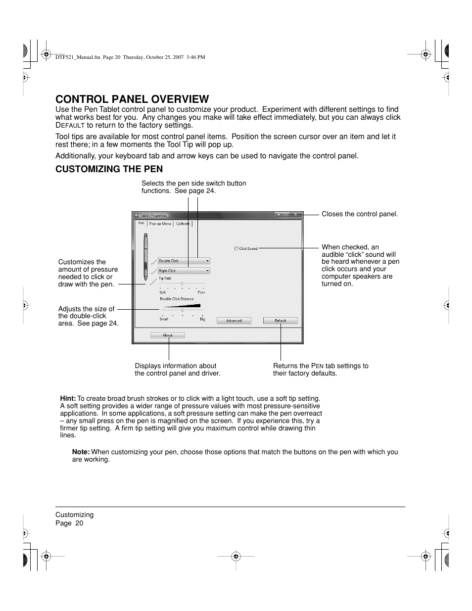 Control panel overview, Customizing the pen | Wacom DTF-521 User Manual | Page 22 / 60