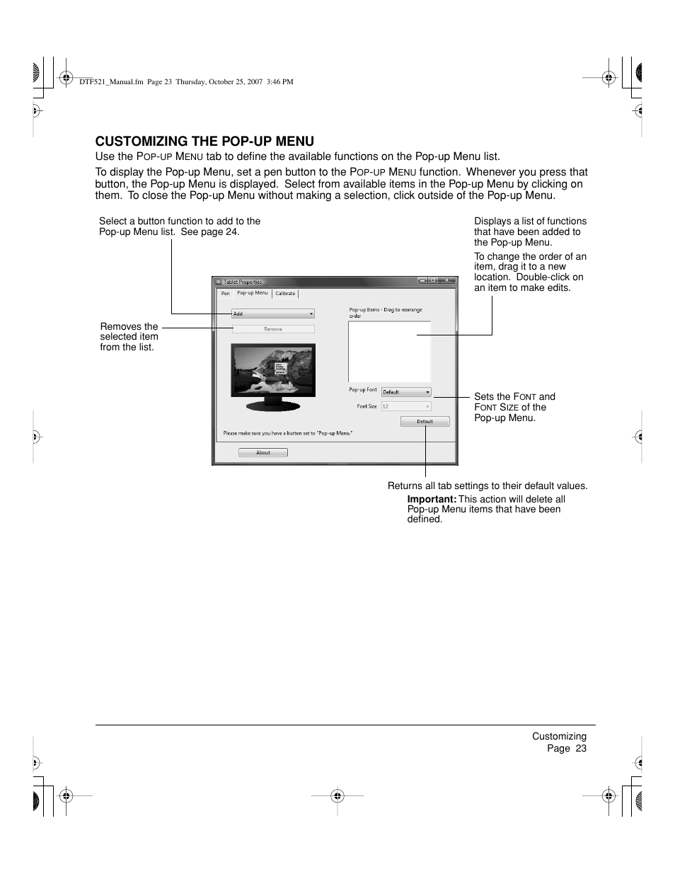 Customizing the pop-up menu | Wacom DTF-521 User Manual | Page 25 / 60