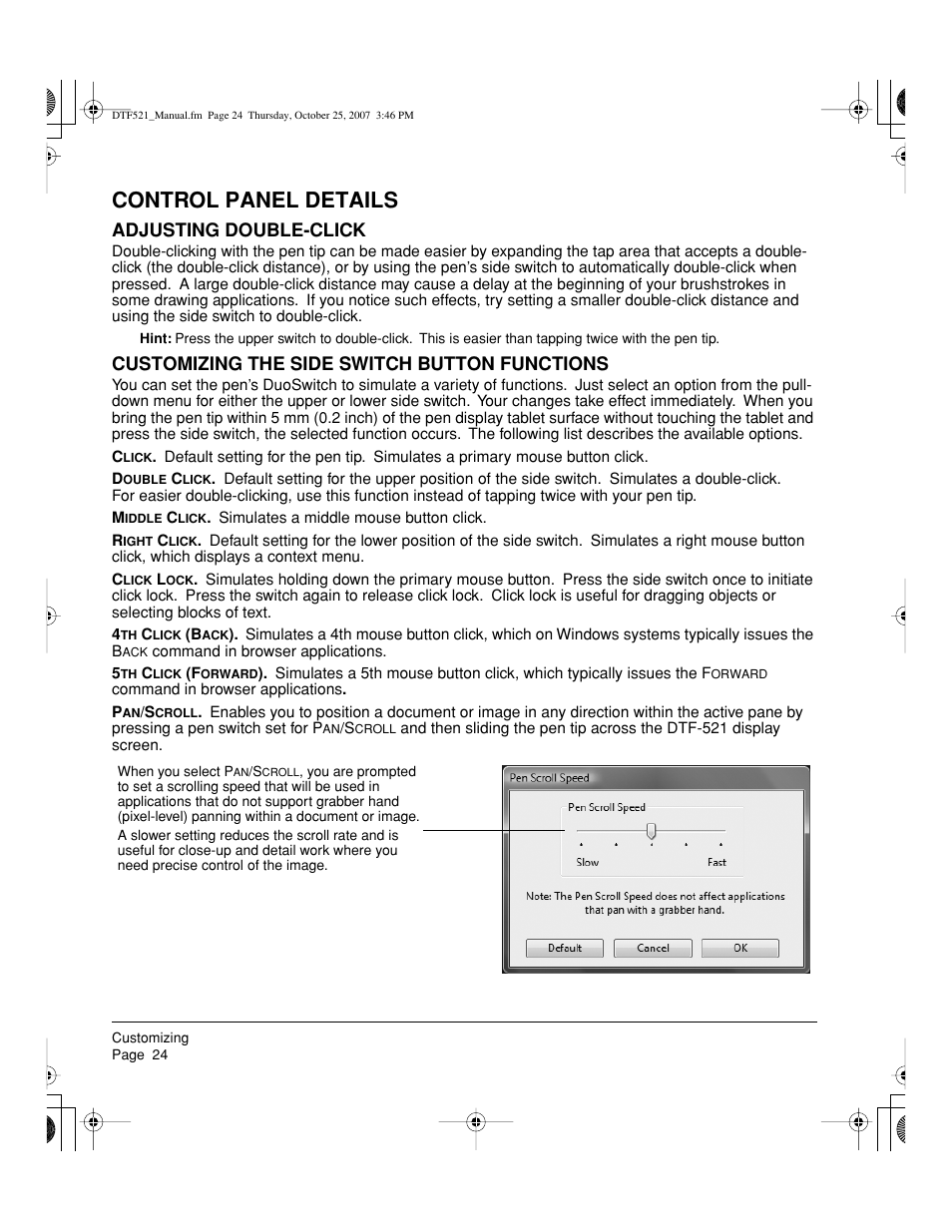 Control panel details, Adjusting double-click, Customizing the side switch button functions | Wacom DTF-521 User Manual | Page 26 / 60