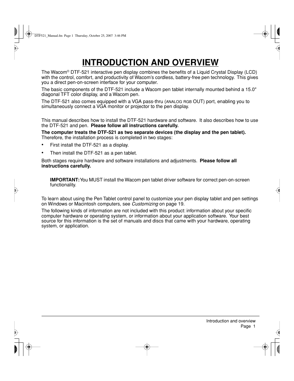 Introduction and overview | Wacom DTF-521 User Manual | Page 3 / 60
