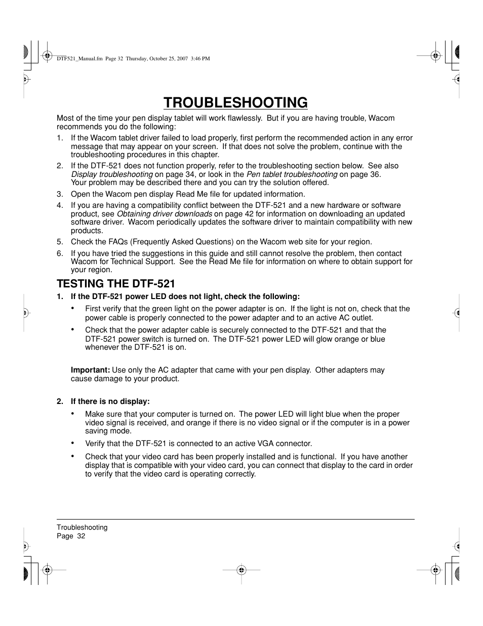 Troubleshooting, Testing the dtf-521 | Wacom DTF-521 User Manual | Page 34 / 60