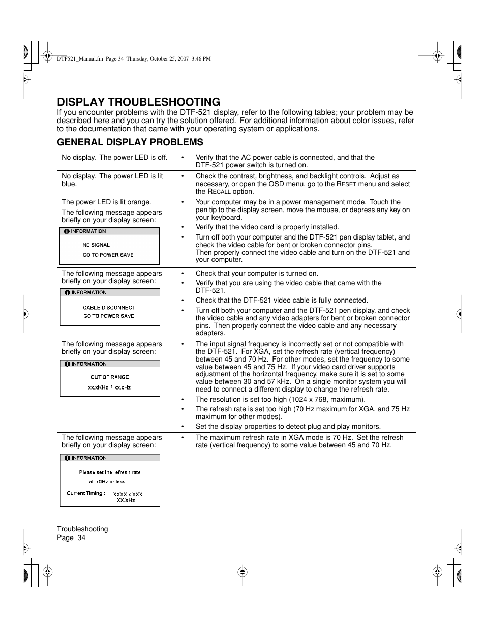 Display troubleshooting, General display problems | Wacom DTF-521 User Manual | Page 36 / 60