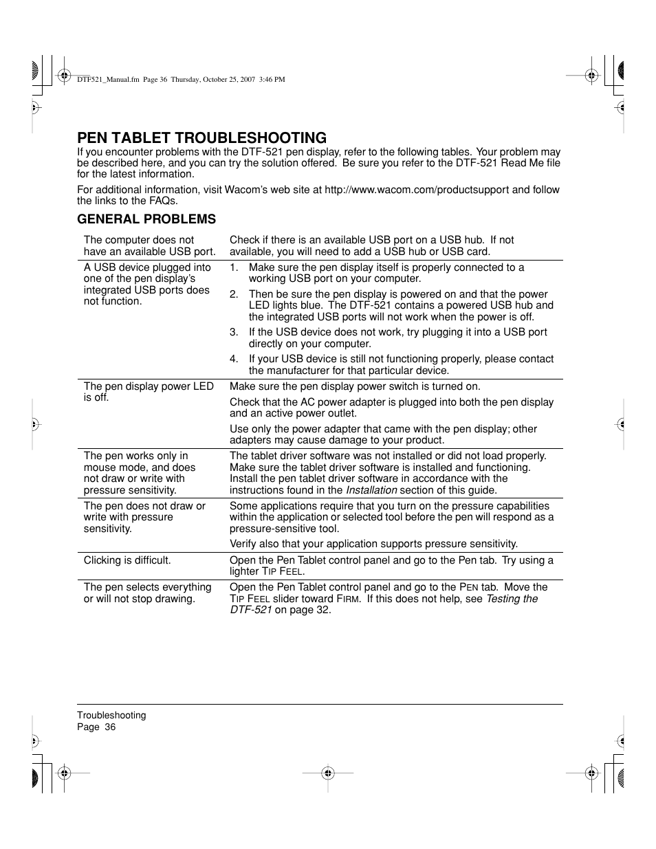 Pen tablet troubleshooting | Wacom DTF-521 User Manual | Page 38 / 60