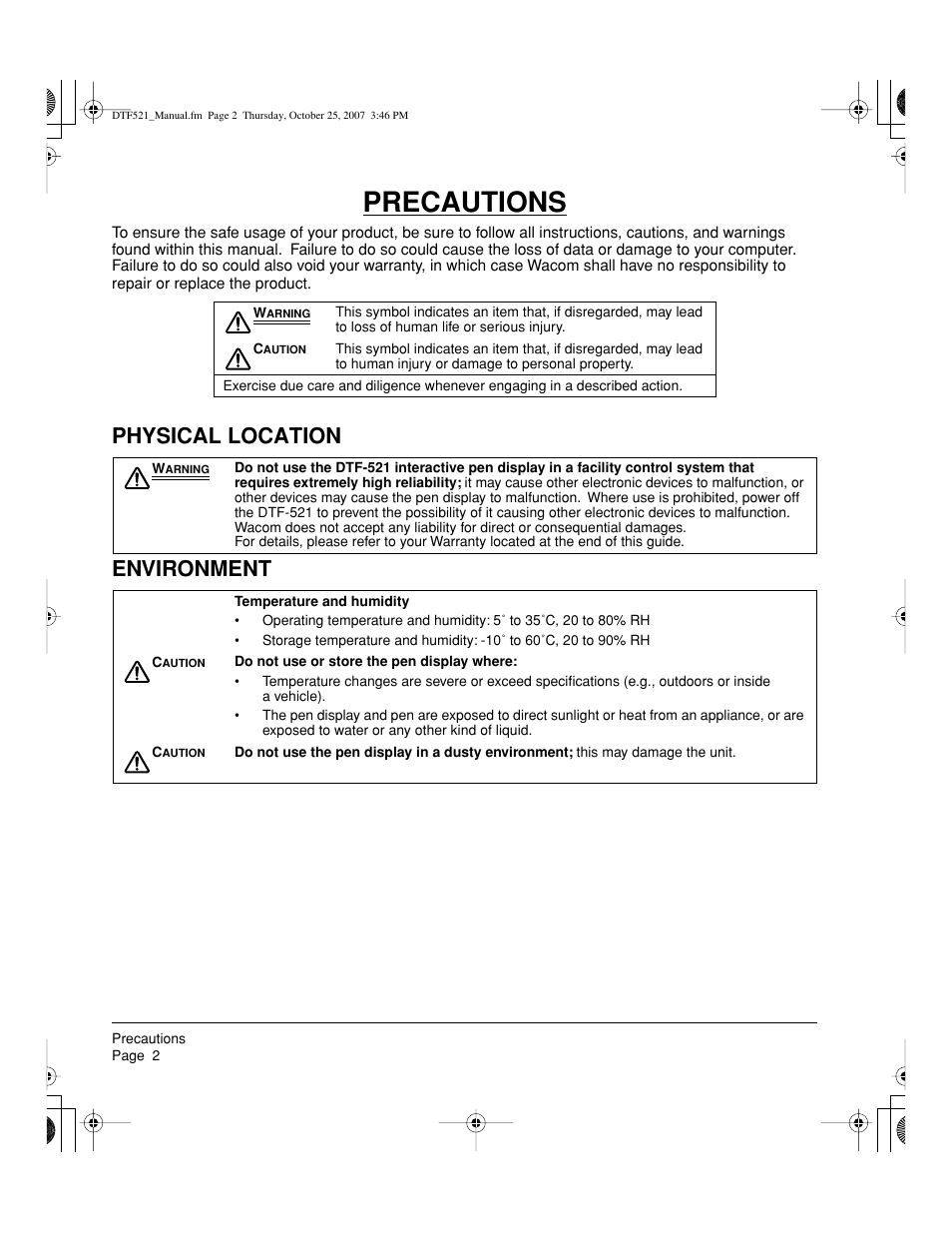 Precautions, Physical location environment | Wacom DTF-521 User Manual | Page 4 / 60