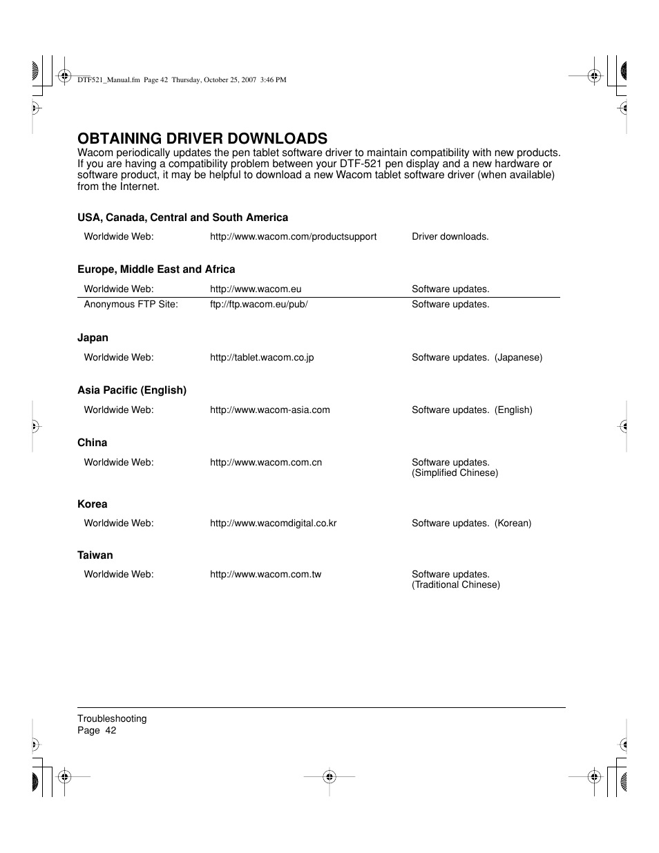 Obtaining driver downloads | Wacom DTF-521 User Manual | Page 44 / 60
