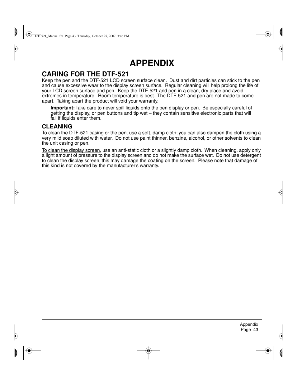 Appendix, Caring for the dtf-521 | Wacom DTF-521 User Manual | Page 45 / 60