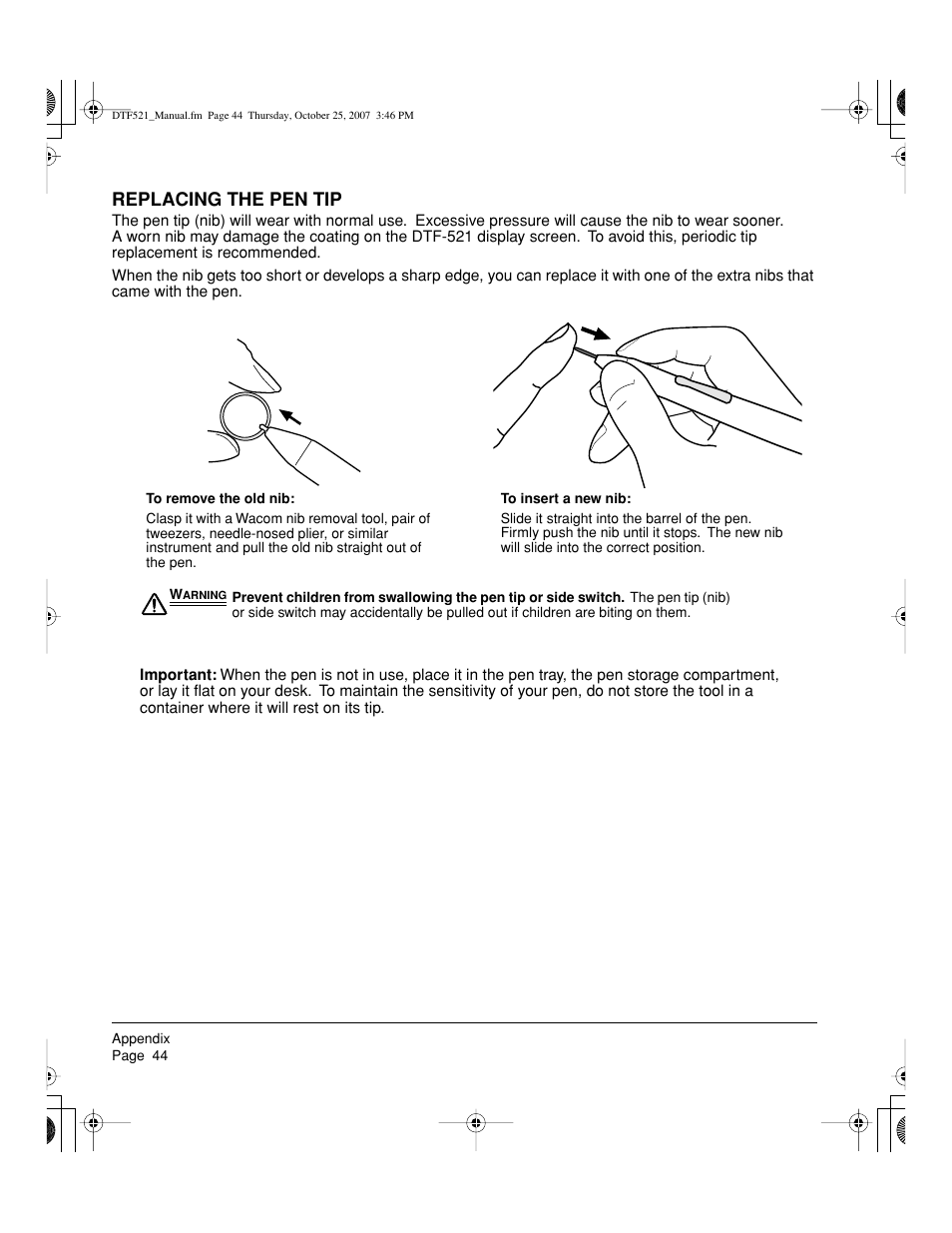 Replacing the pen tip | Wacom DTF-521 User Manual | Page 46 / 60
