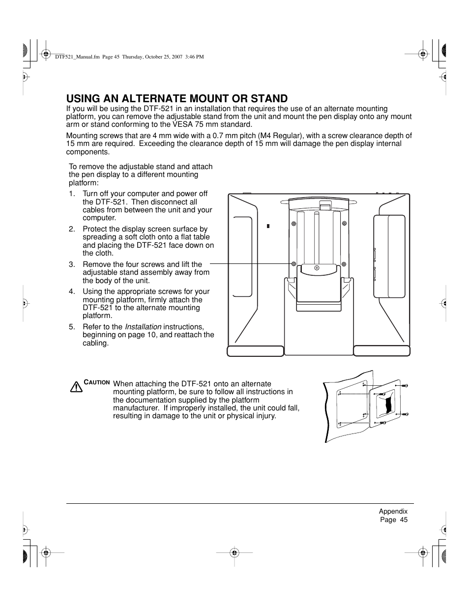 Using an alternate mount or stand | Wacom DTF-521 User Manual | Page 47 / 60