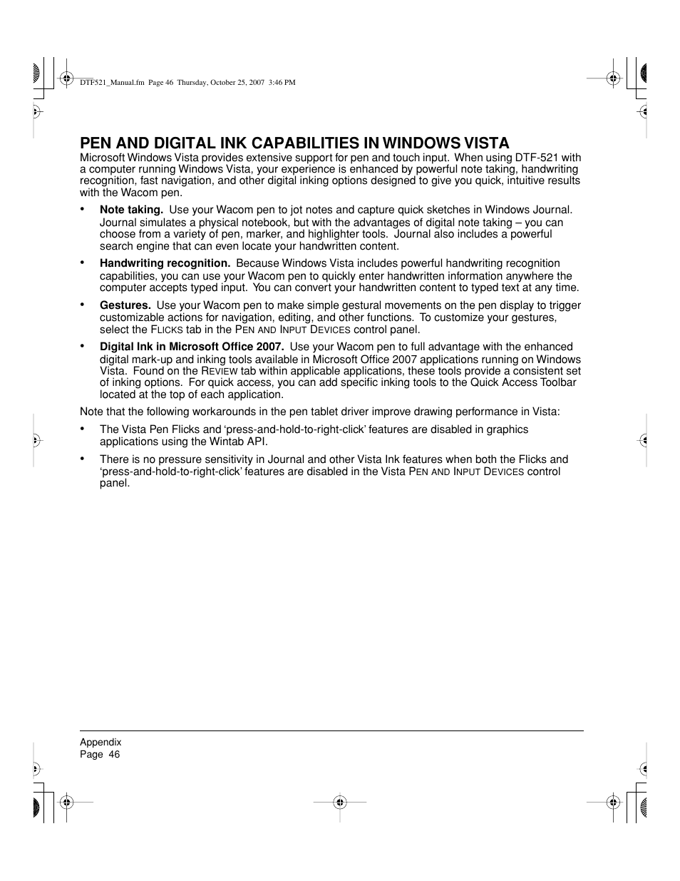 Pen and digital ink capabilities in windows vista | Wacom DTF-521 User Manual | Page 48 / 60