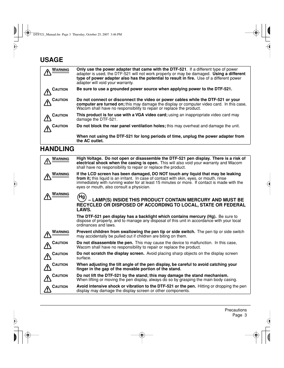 Usage handling | Wacom DTF-521 User Manual | Page 5 / 60