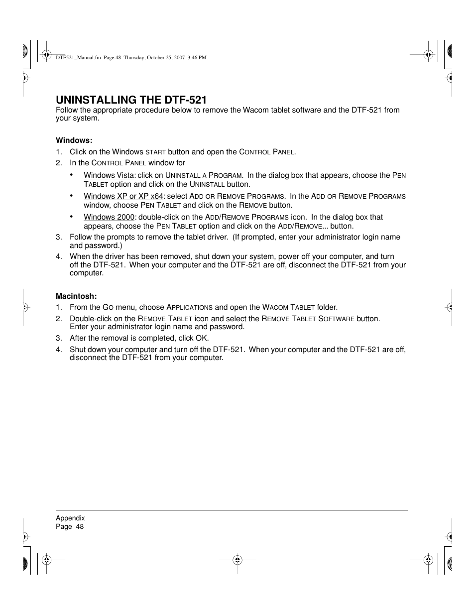 Uninstalling the dtf-521 | Wacom DTF-521 User Manual | Page 50 / 60