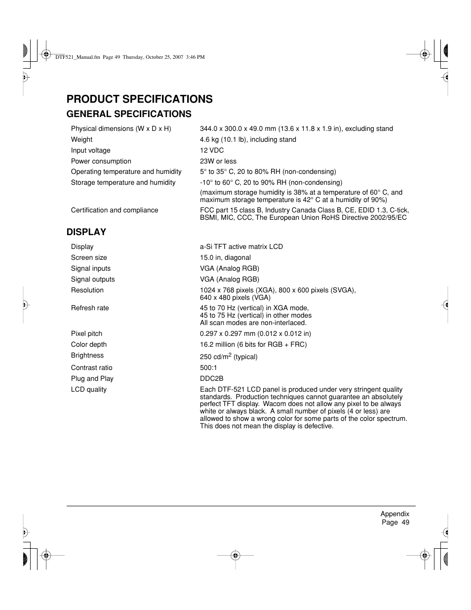 Product specifications, General specifications display | Wacom DTF-521 User Manual | Page 51 / 60