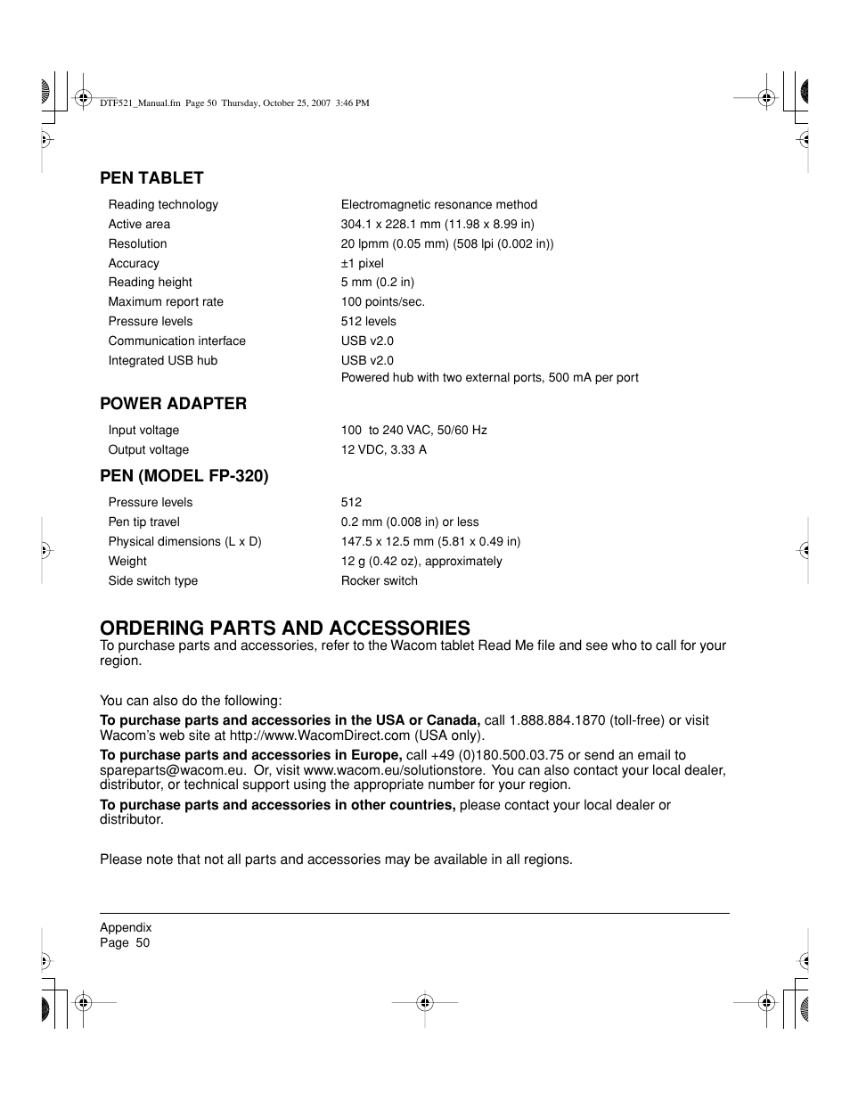 Ordering parts and accessories, Pen tablet power adapter pen (model fp-320) | Wacom DTF-521 User Manual | Page 52 / 60