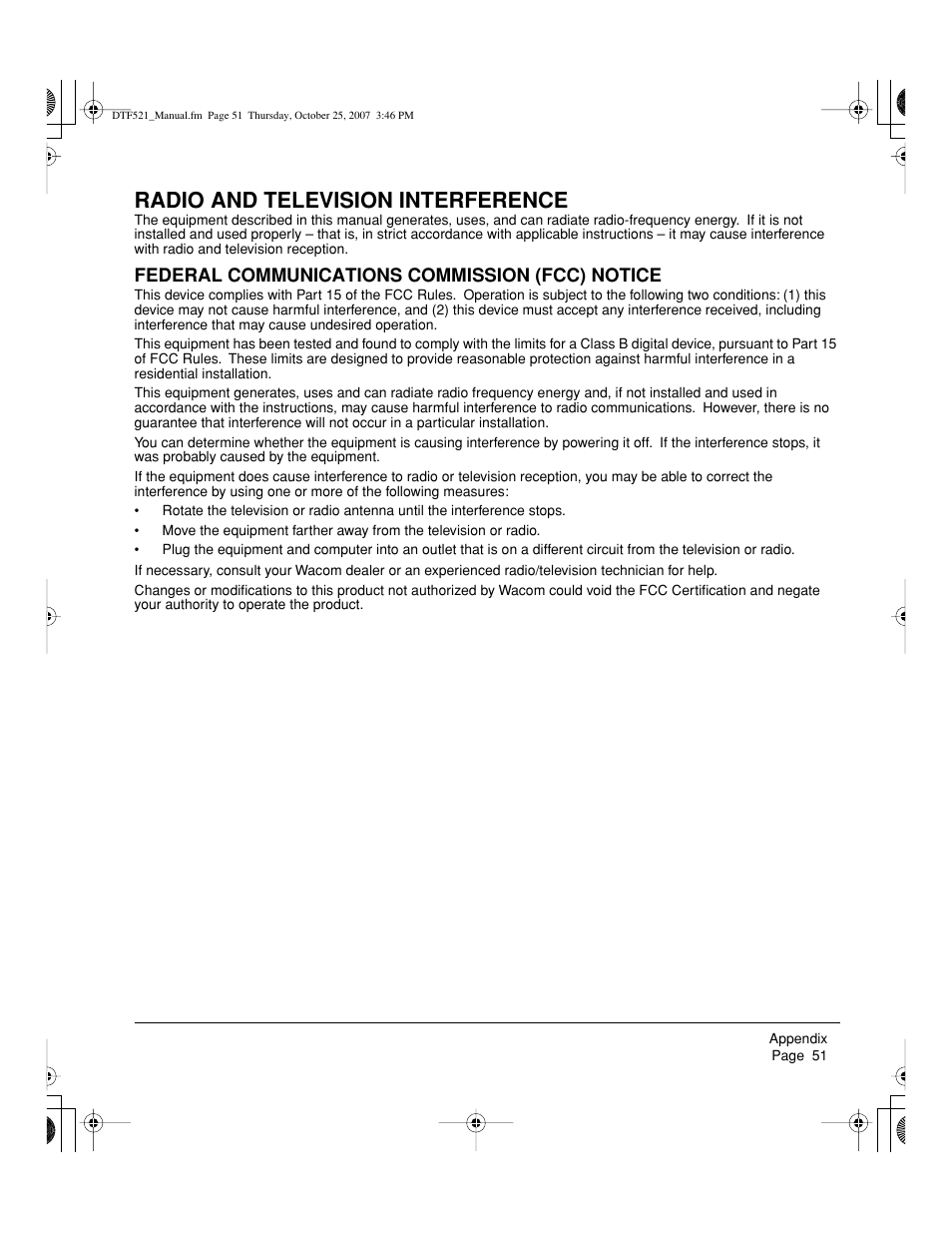 Radio and television interference, Federal communications commission (fcc) notice | Wacom DTF-521 User Manual | Page 53 / 60