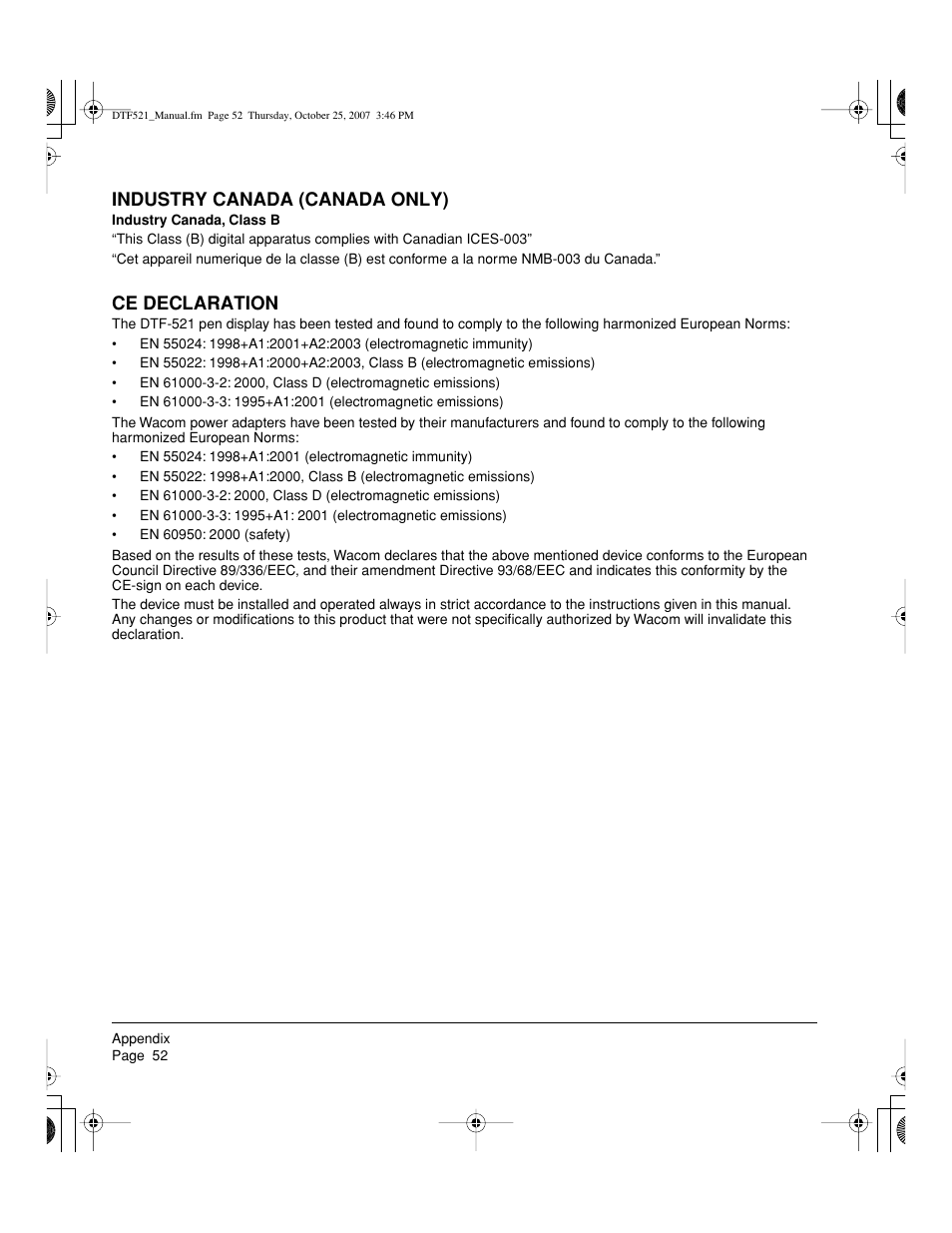 Industry canada (canada only), Ce declaration | Wacom DTF-521 User Manual | Page 54 / 60