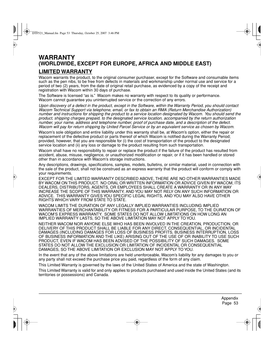 Warranty | Wacom DTF-521 User Manual | Page 55 / 60