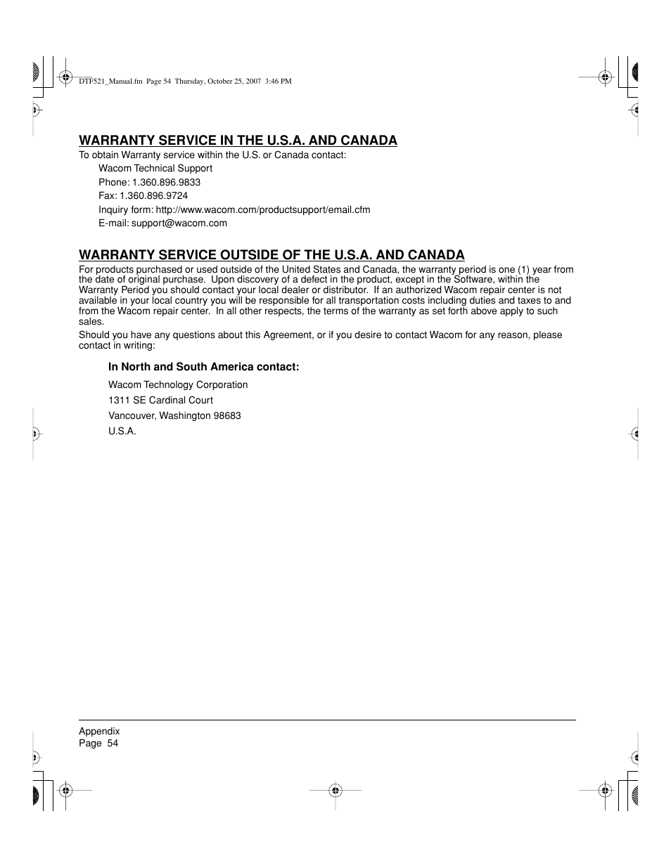 Warranty service in the u.s.a. and canada, Warranty service outside of the u.s.a. and canada | Wacom DTF-521 User Manual | Page 56 / 60