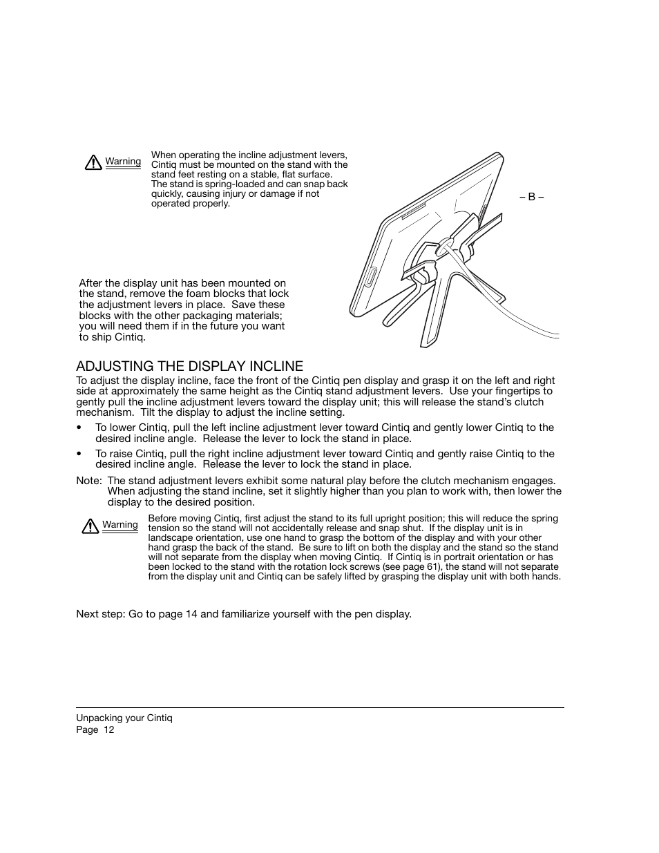 Adjusting the display incline | Wacom 21UX User Manual | Page 14 / 92