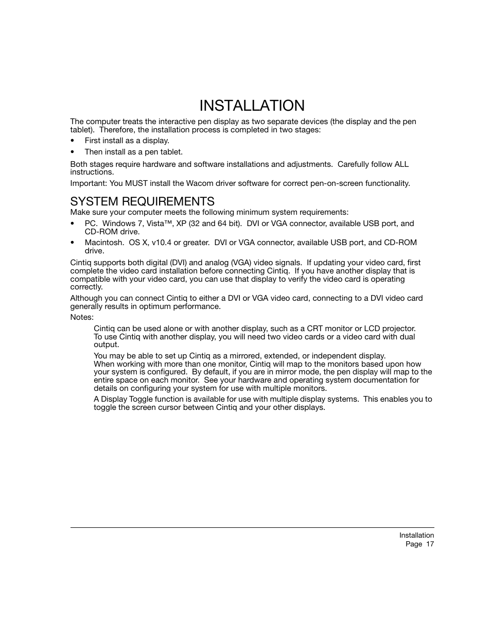 Installation, System requirements, Installation system requirements | Wacom 21UX User Manual | Page 19 / 92