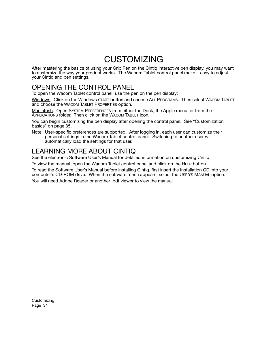 Customizing, Opening the control panel, Learning more about cintiq | Wacom 21UX User Manual | Page 36 / 92