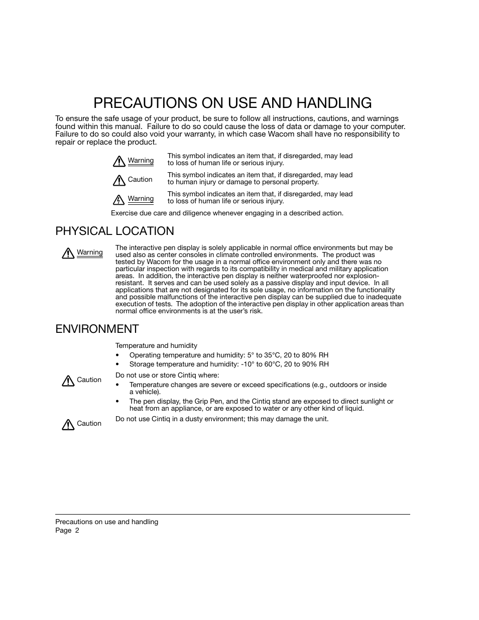 Precautions on use and handling, Physical location, Environment | Physical location environment | Wacom 21UX User Manual | Page 4 / 92