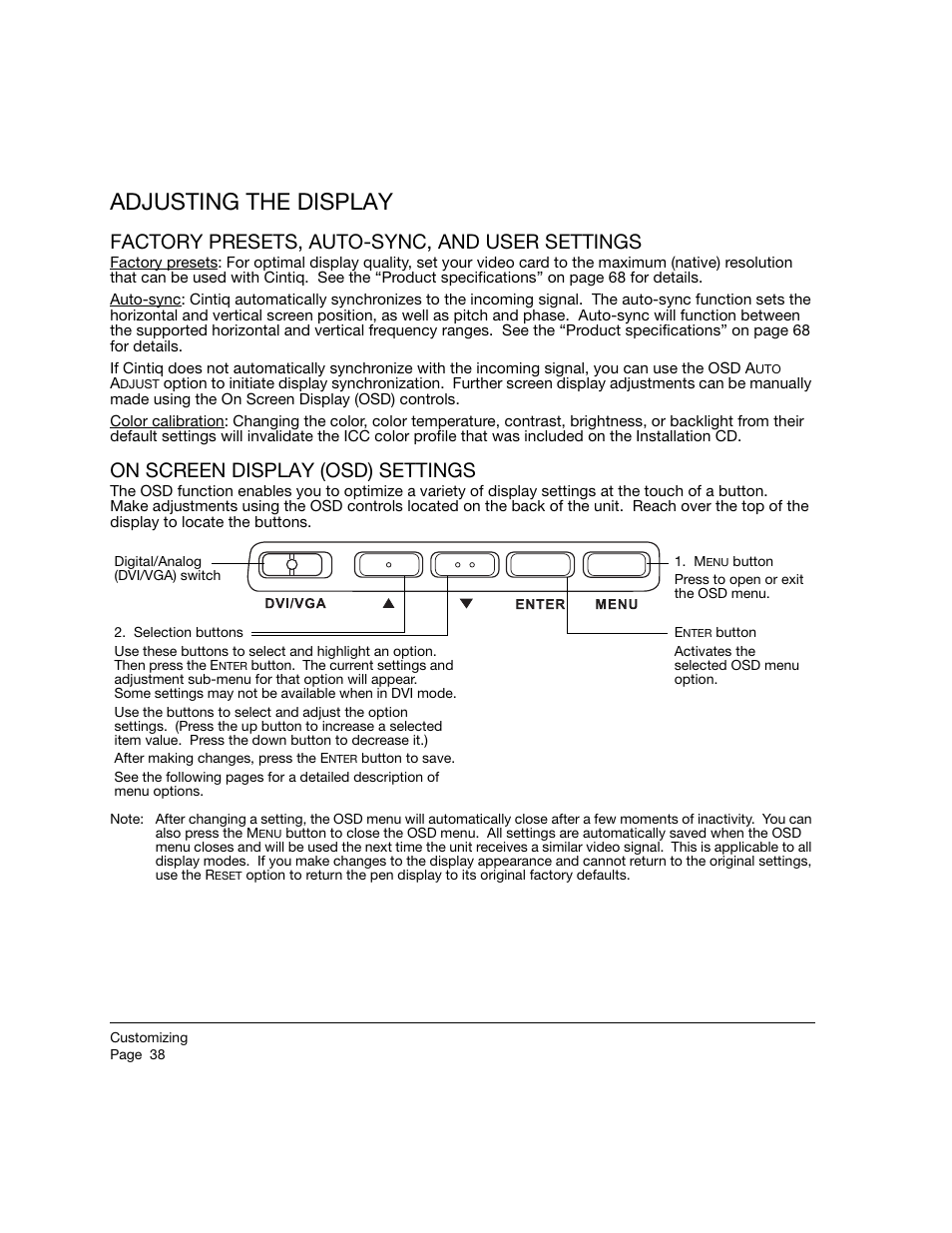 Adjusting the display, Factory presets, auto-sync, and user settings, On screen display (osd) settings | Wacom 21UX User Manual | Page 40 / 92