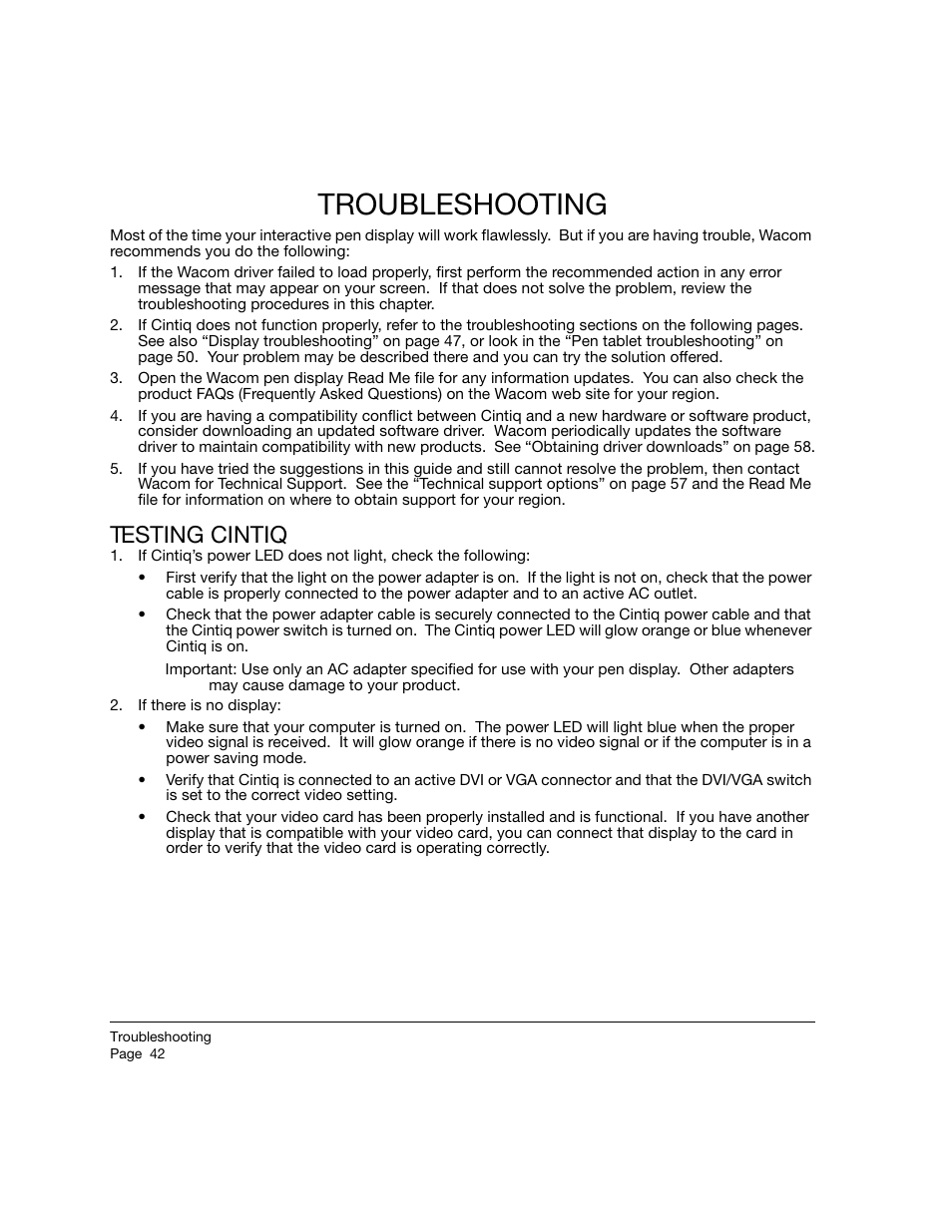 Troubleshooting, Testing cintiq, Troubleshooting testing cintiq | Wacom 21UX User Manual | Page 44 / 92