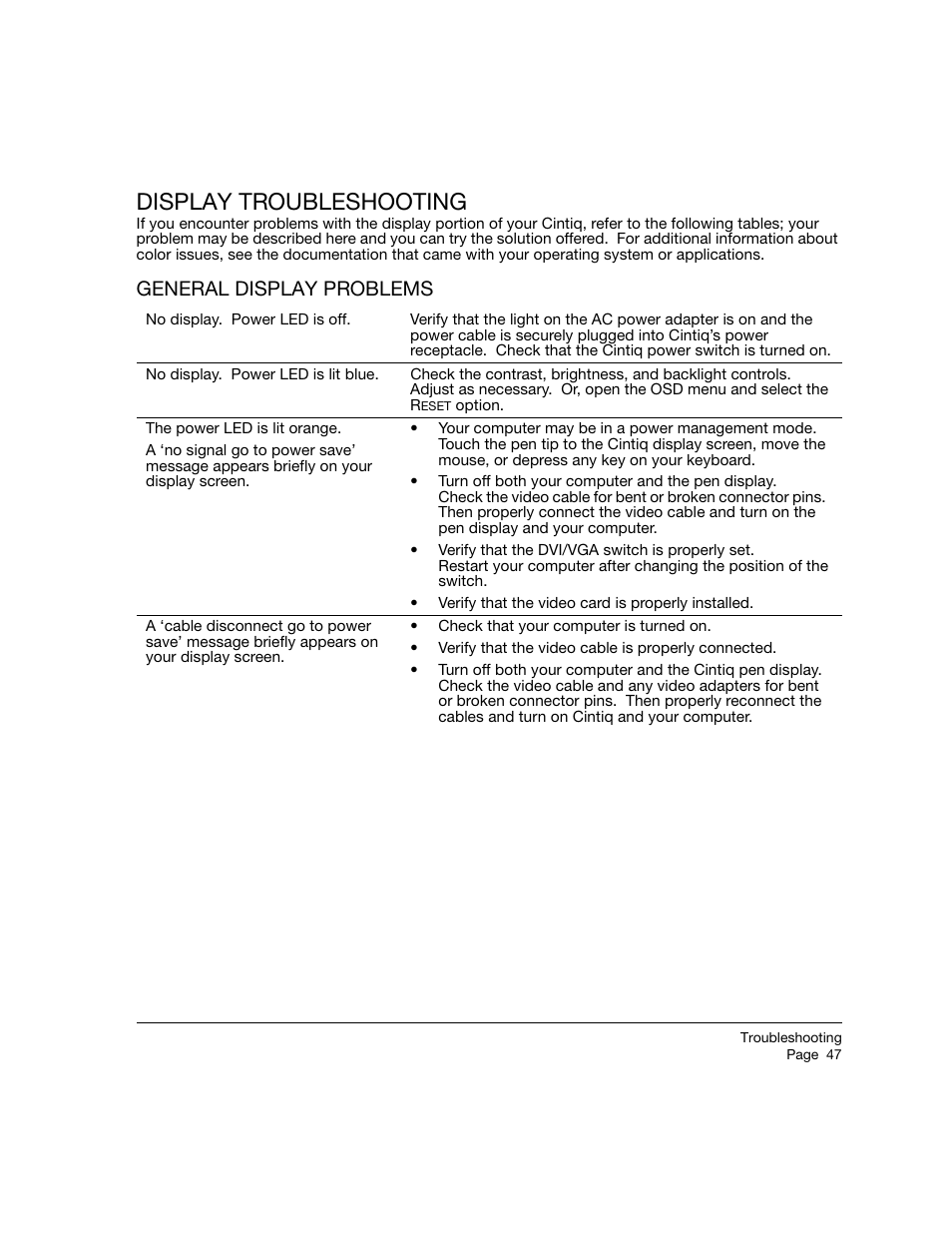 Display troubleshooting, General display problems | Wacom 21UX User Manual | Page 49 / 92