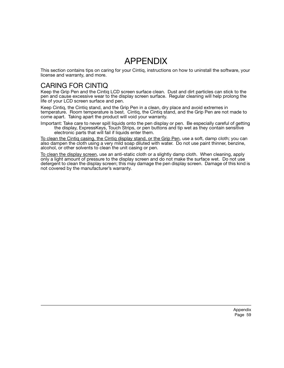 Appendix, Caring for cintiq, Appendix caring for cintiq | Wacom 21UX User Manual | Page 61 / 92