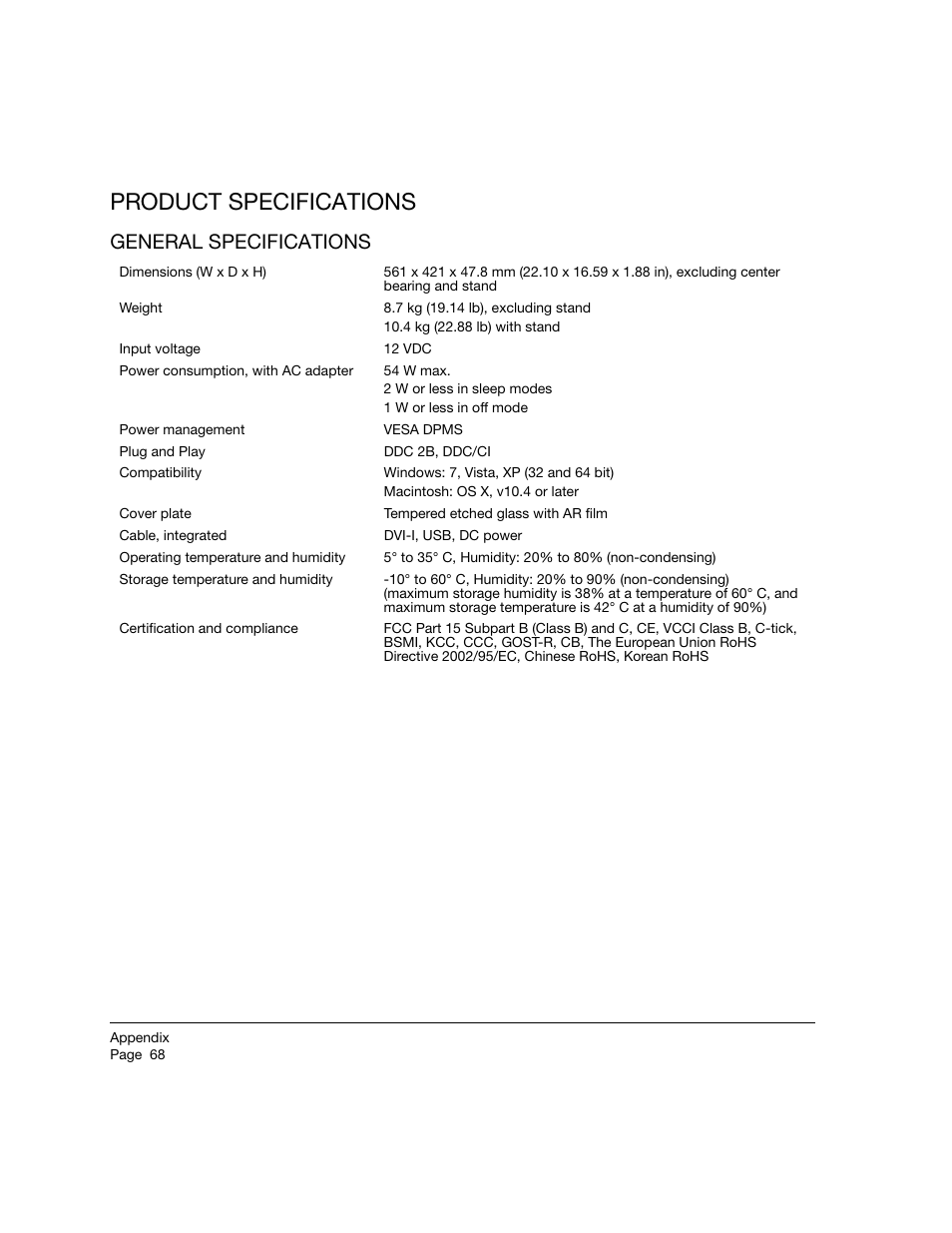 Product specifications, General specifications | Wacom 21UX User Manual | Page 70 / 92