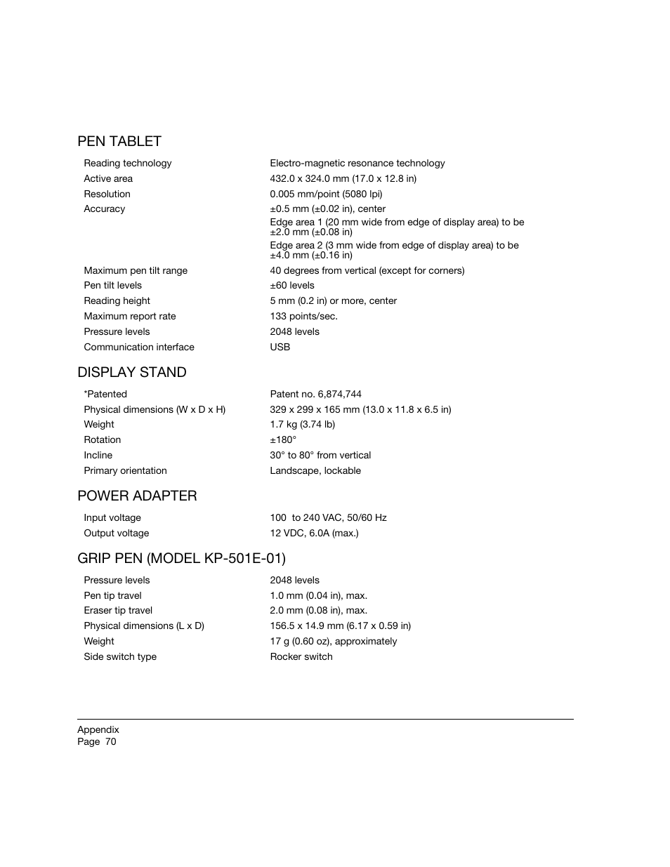 Pen tablet, Display stand, Power adapter | Grip pen (model kp-501e-01) | Wacom 21UX User Manual | Page 72 / 92