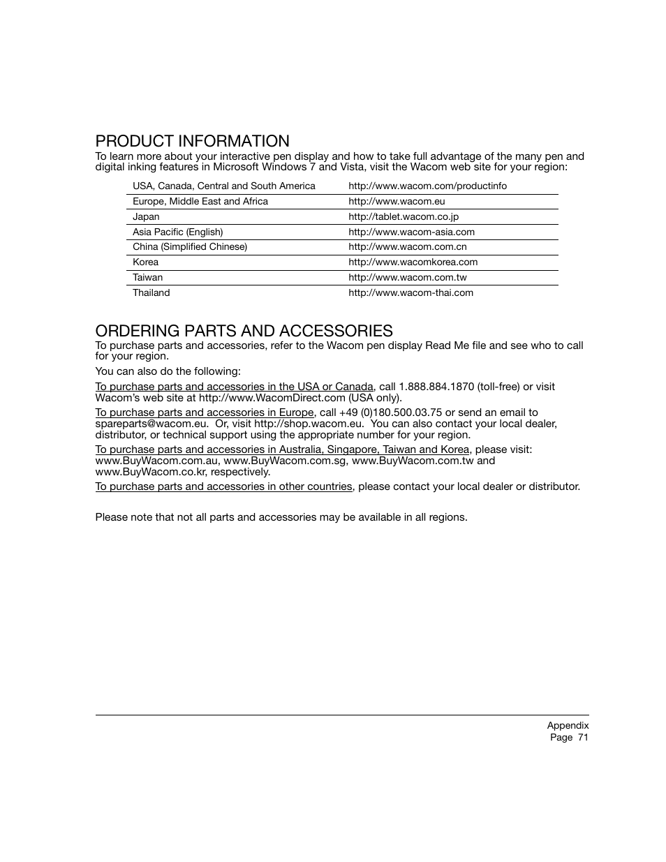 Product information, Ordering parts and accessories | Wacom 21UX User Manual | Page 73 / 92