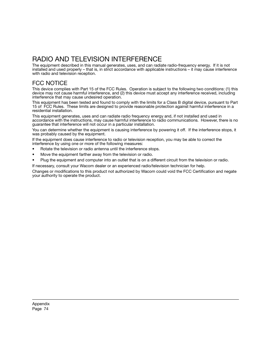 Radio and television interference, Fcc notice | Wacom 21UX User Manual | Page 76 / 92